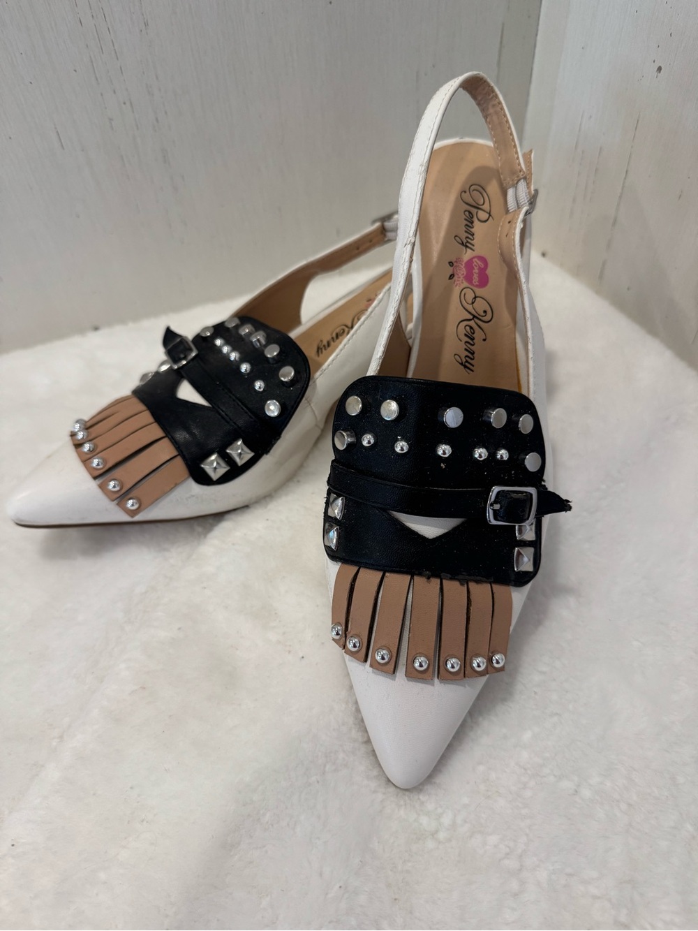Penny Loves Kenny White Pointed Slingbacks with Black Straps & Tan Fringe
